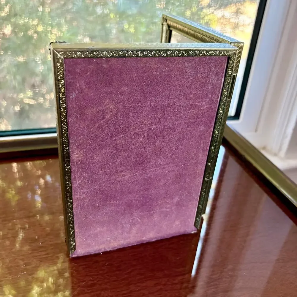 Vintage Hinged Double Picture Frame Gold Tone with Purple Velvet Back